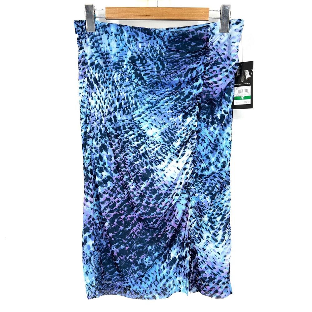 Nine West Skirt Womens L Blue Pull On Straight Ruched Animal Print Slit Mesh NWT